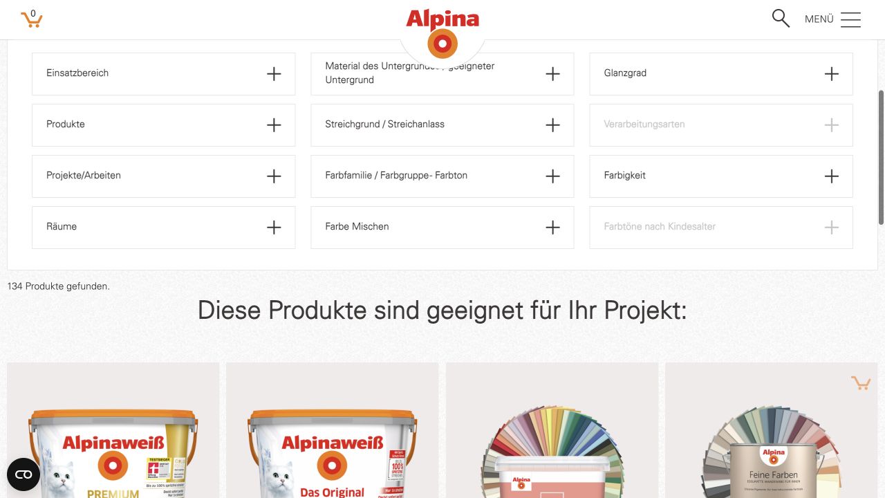 Filter und Produktauswahl auf der Alpina-Farben-Website