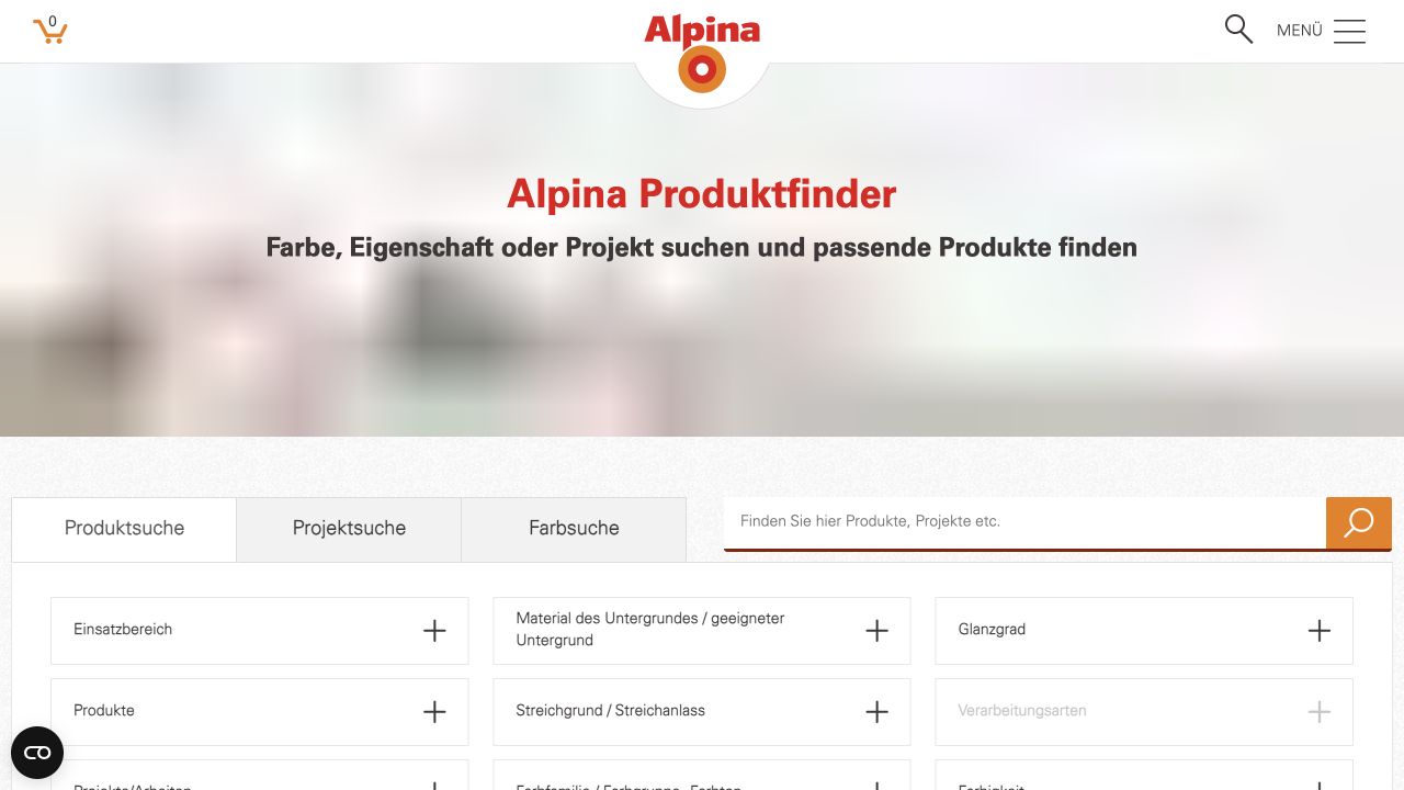 Alpina-Produktfinder mit Suchfeld und Filtern