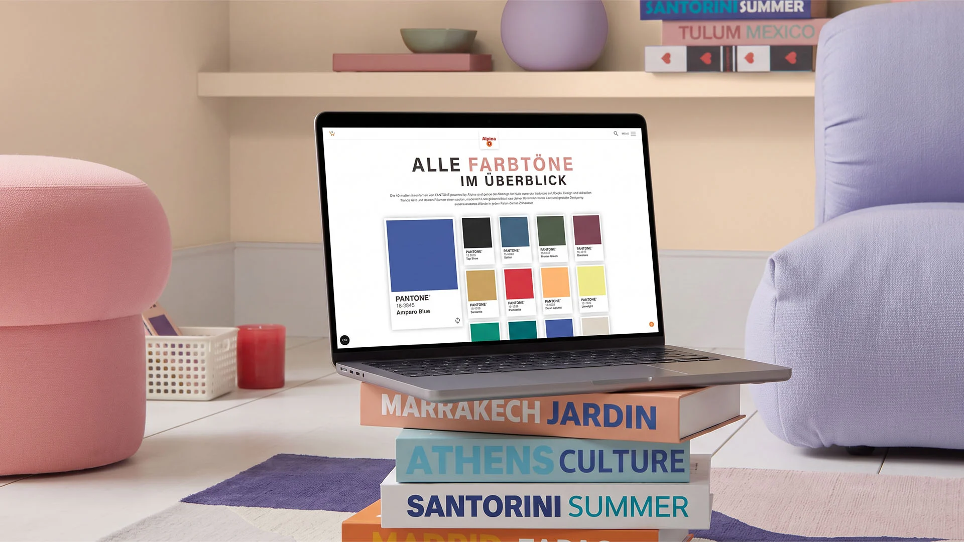 Alpina x PANTONE colour swatches on a laptop.