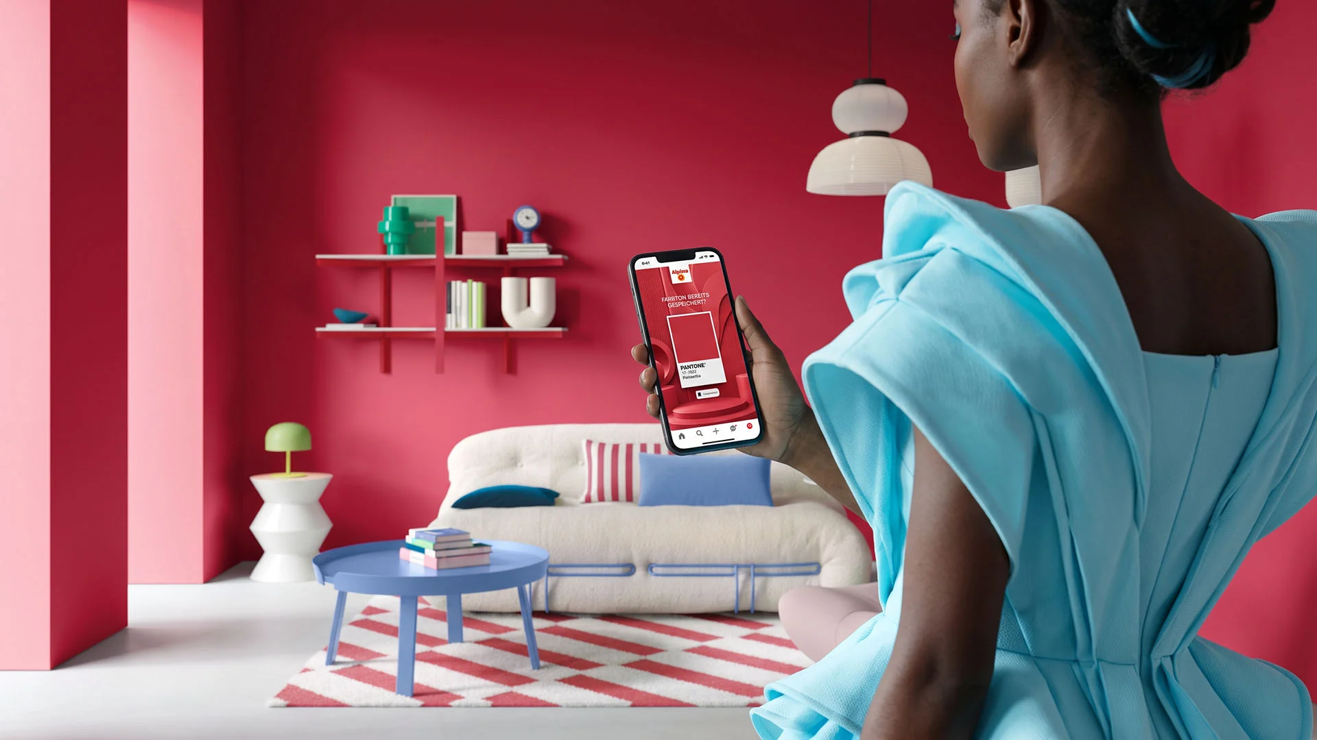 A person views an Alpina colour creative on Pinterest in a colourful room.