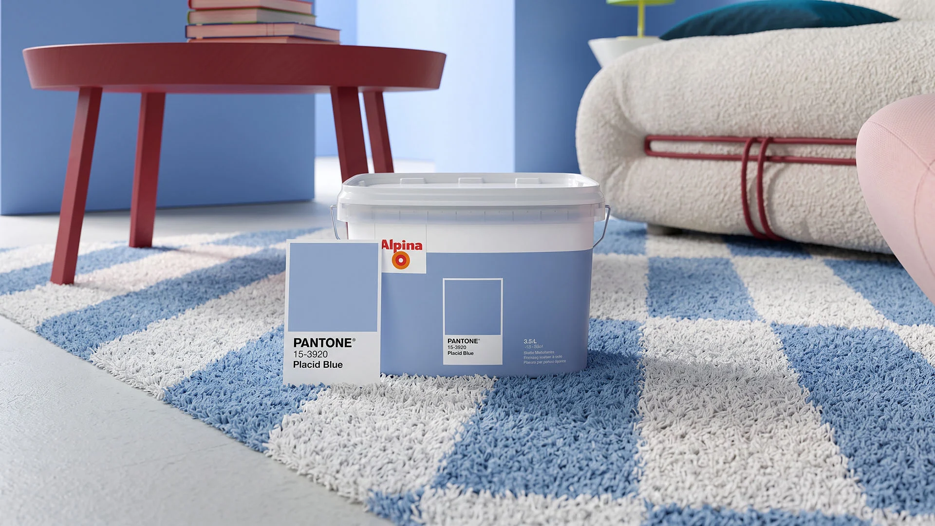 Placid Blue as a swatch and Alpina wall paint in an interior setting.