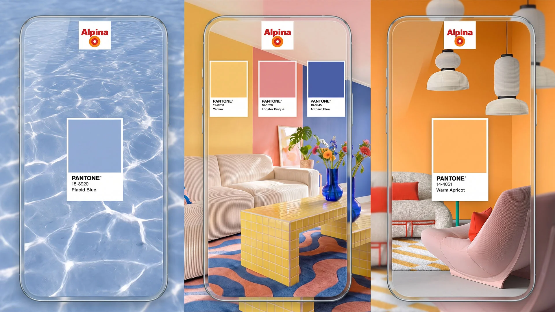 Three social assets show a colour swatch, palette and interior inspiration.