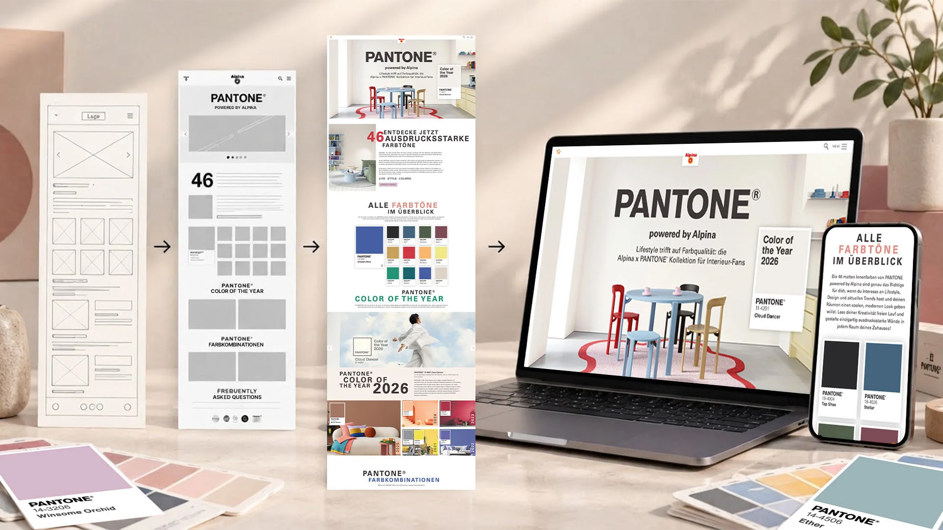 Wireframes and finished screens of the Alpina x PANTONE microsite.