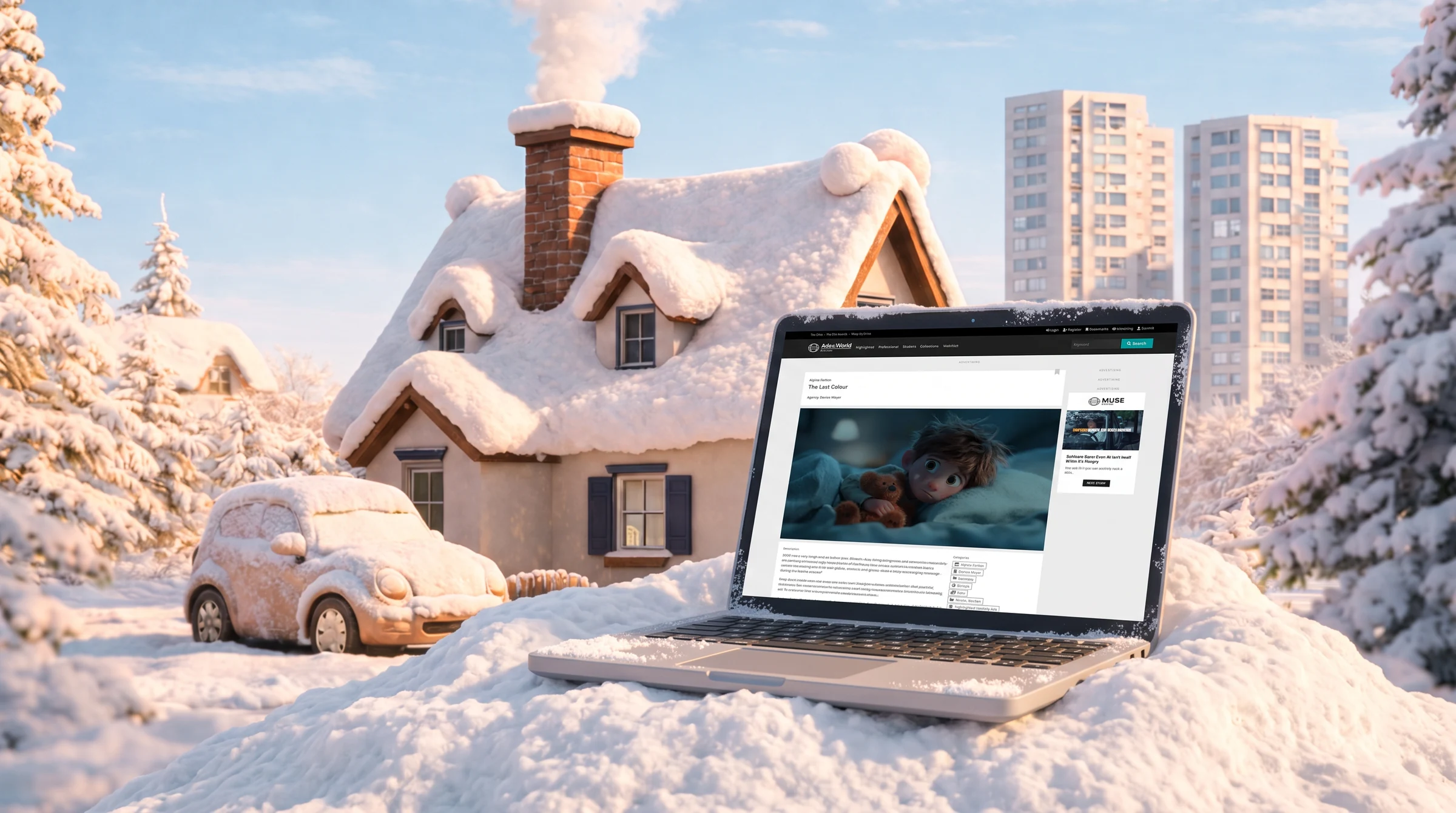 A snow-covered house from the film world with a laptop showing ALPINA’s campaign entry on Ads of the World.