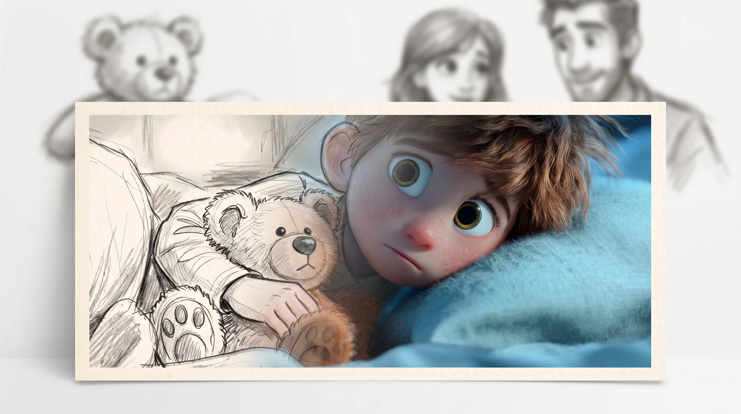 Comparison of the boy and teddy bear as a drawing and as a developed film image.