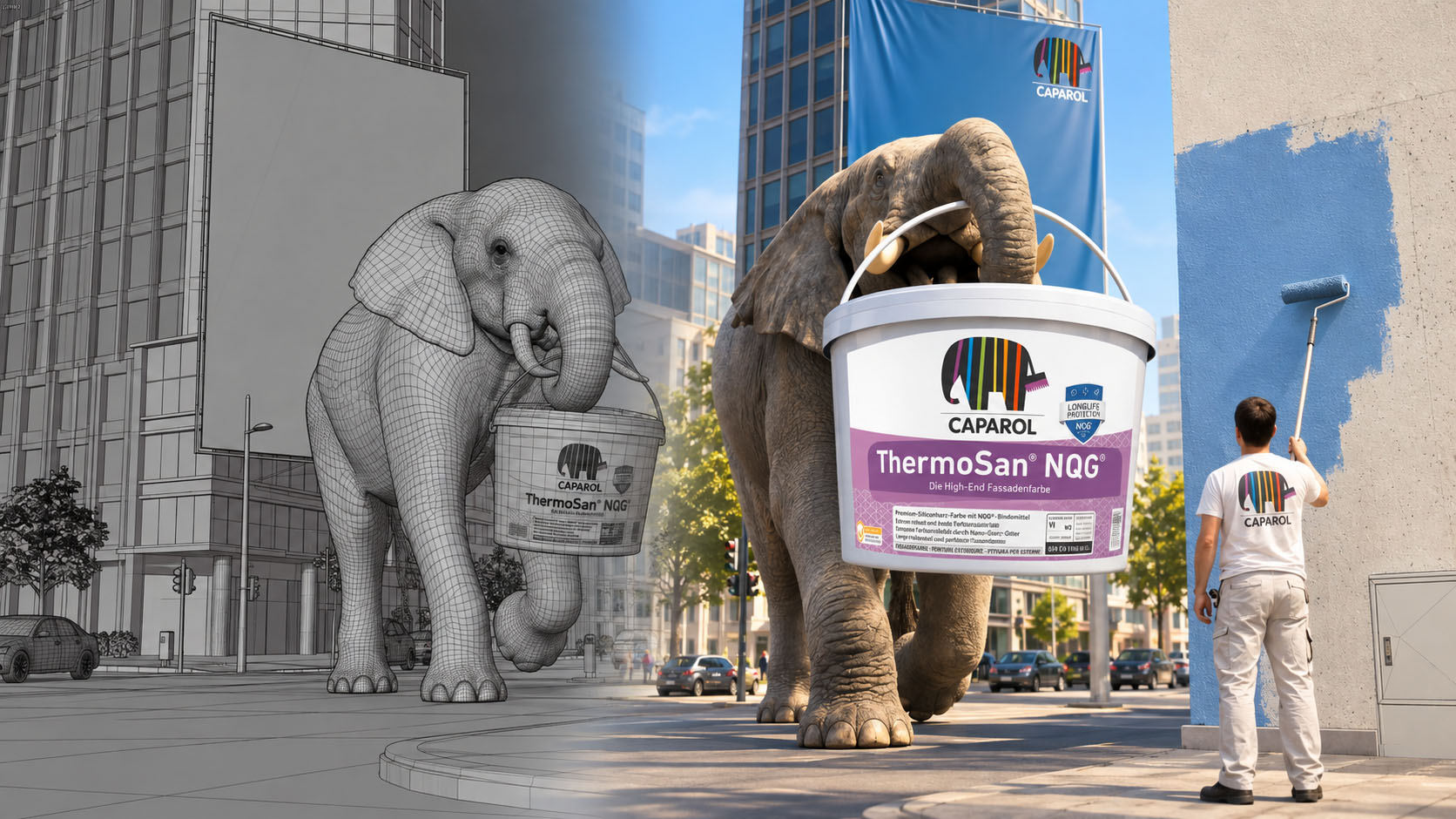 Wireframe model and finished FOOH scene of a Caparol elephant holding a paint bucket