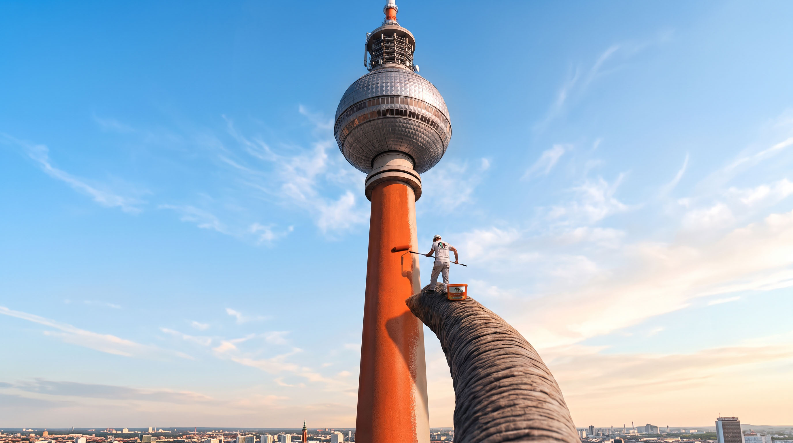 Digitally created scene with an elephant trunk, a tradesperson and a television tower