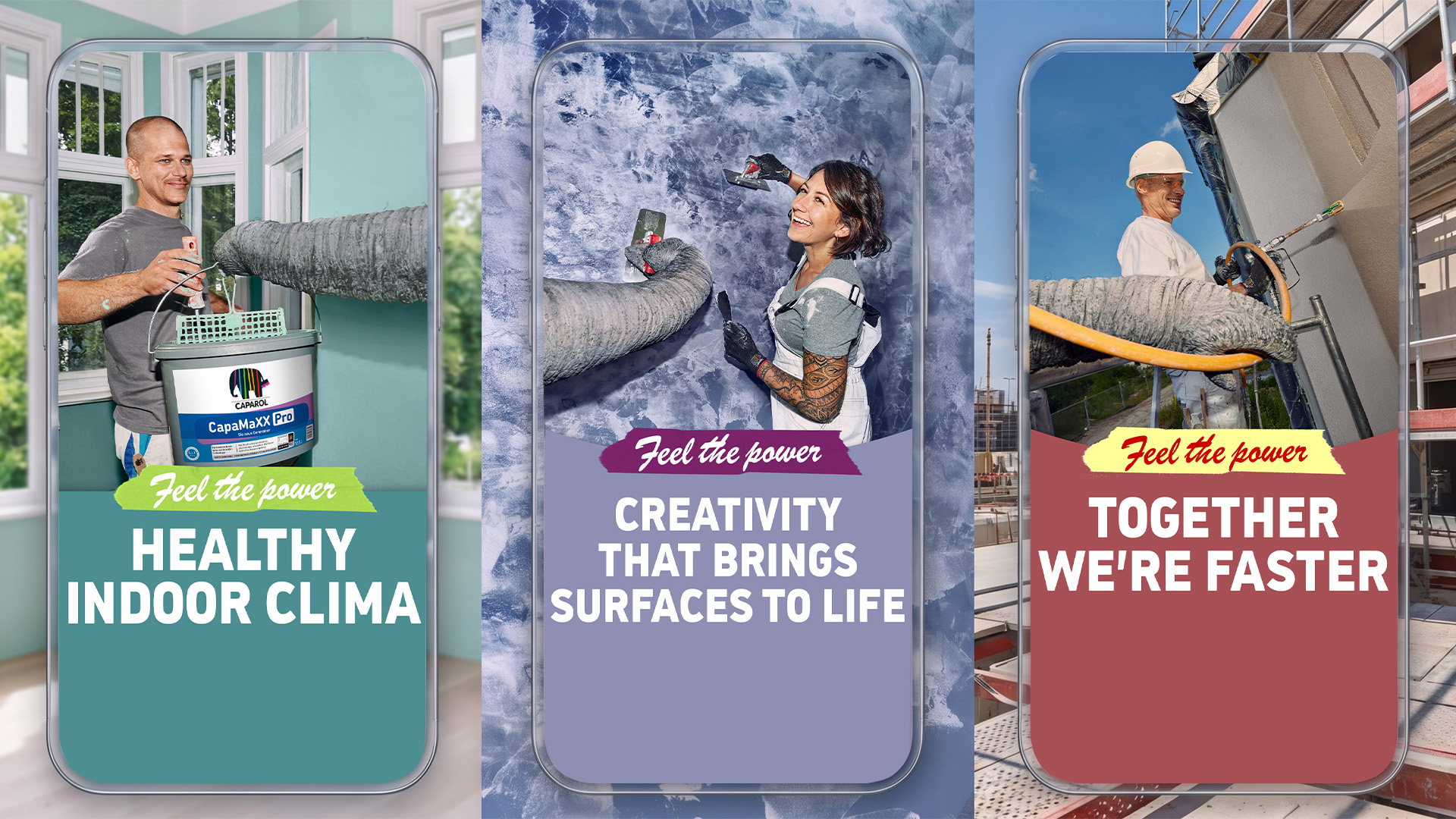 Three Caparol key visuals about indoor climate, surface design and working together