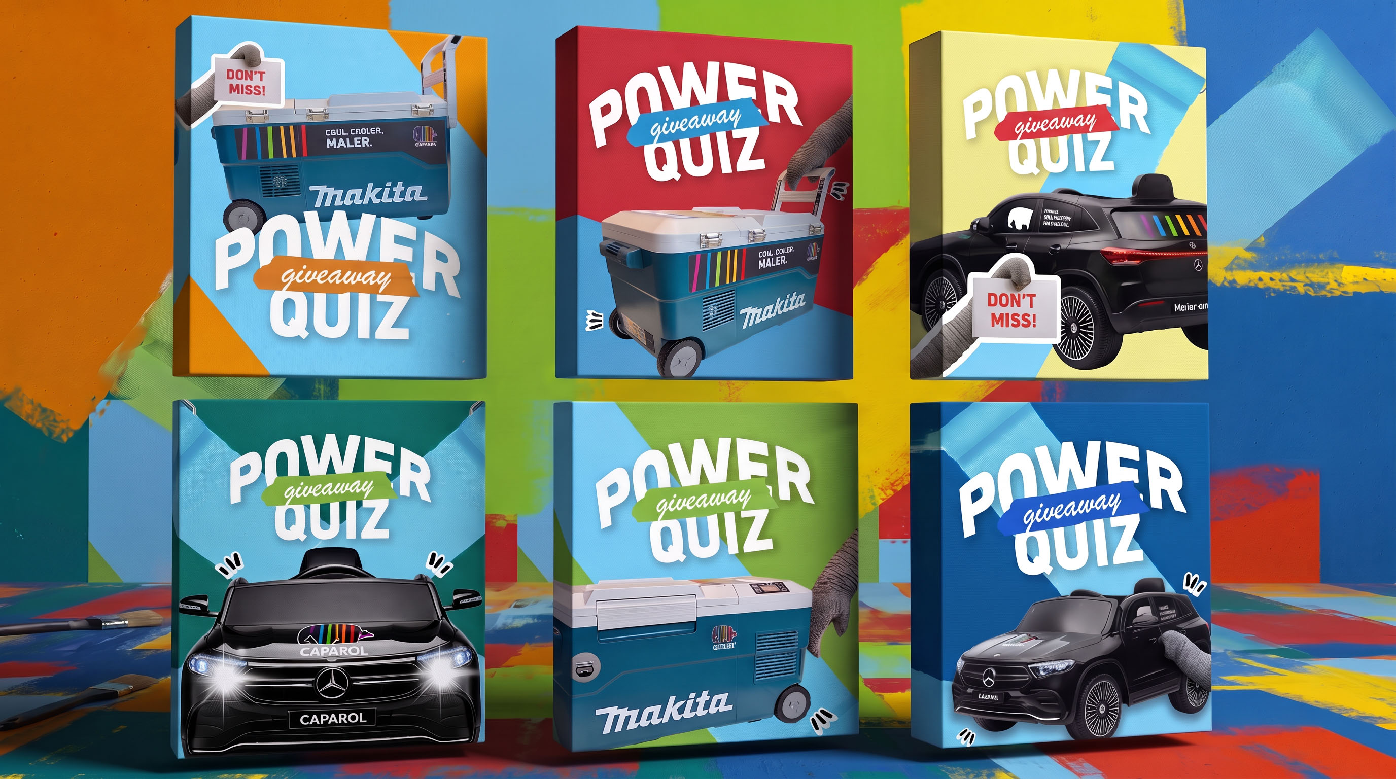 Six colourful Caparol Power Quiz creatives with a tool case and toy car