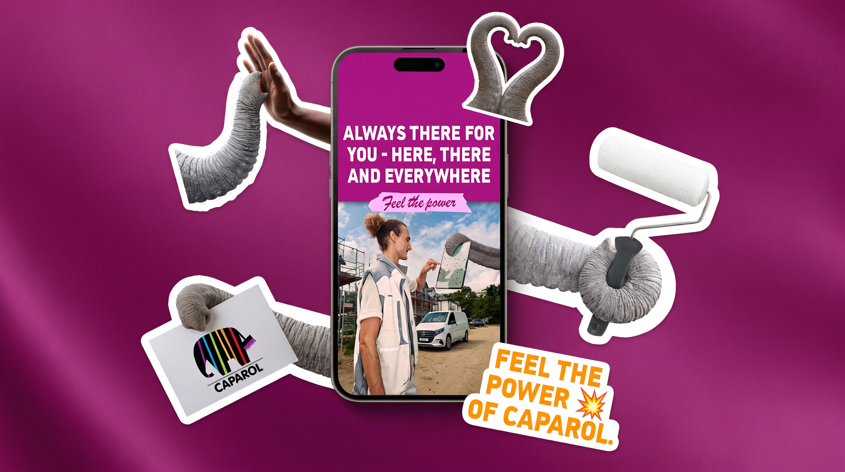 Caparol smartphone creative with a heart-shaped trunk, paint roller and stickers
