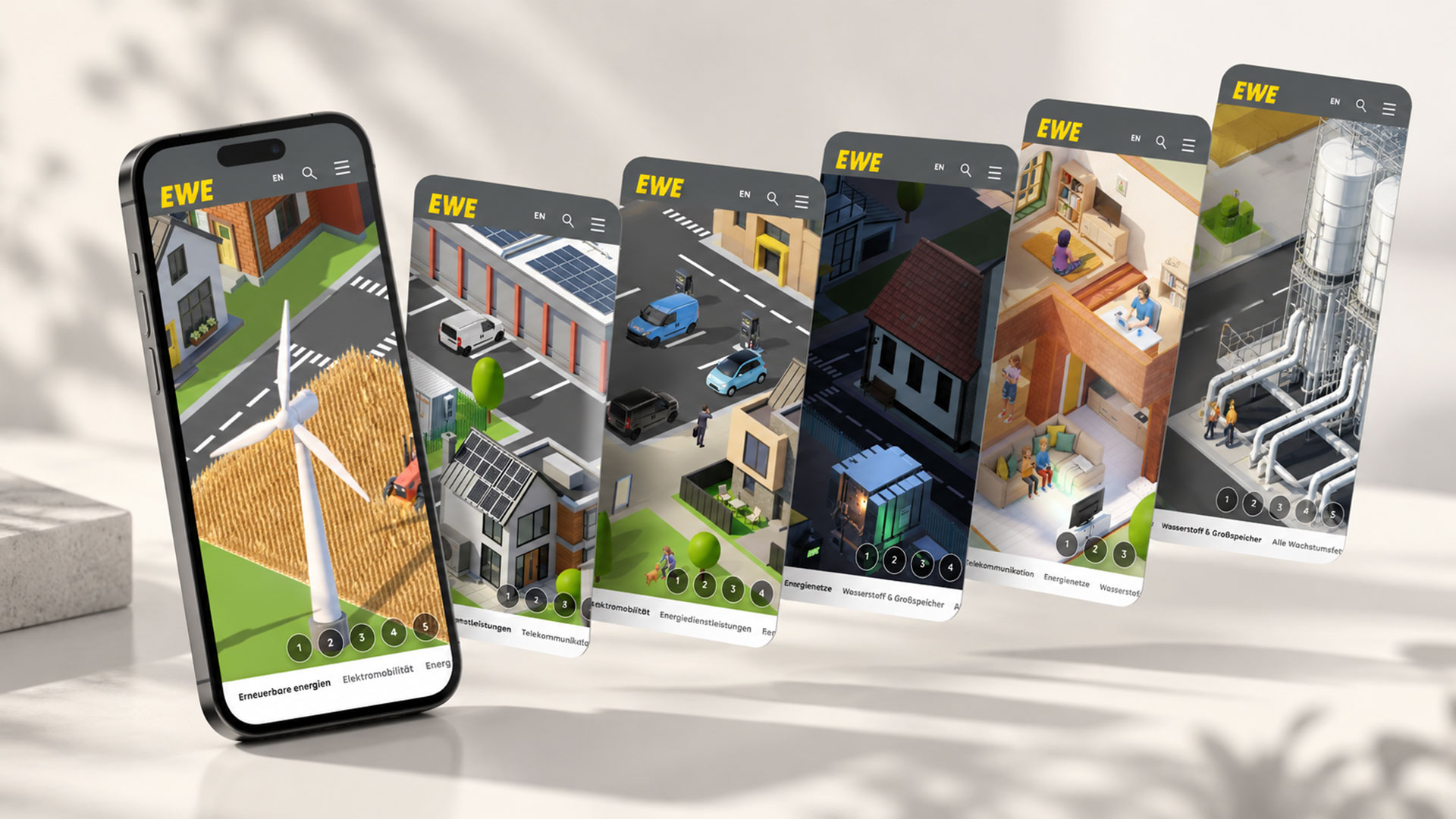 Mehrere Smartphone-Ansichten der EWE-Landschaft mit Windkraft, Quartier und Industrieanlagen