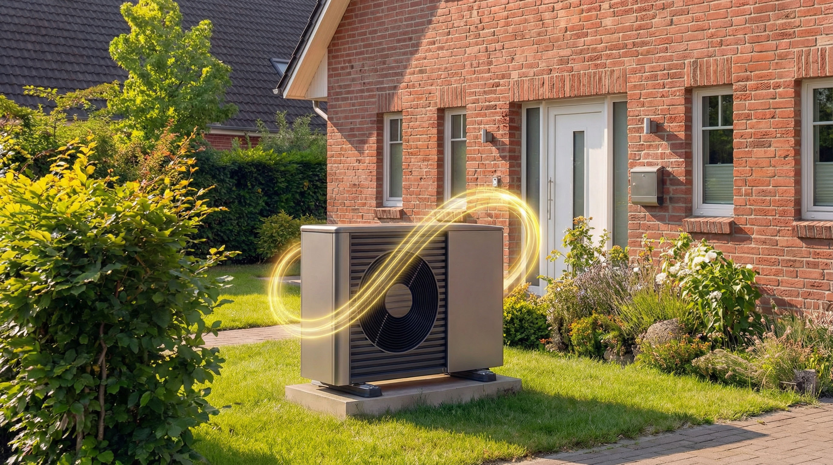 Heat pump beside a brick house with a golden light trail