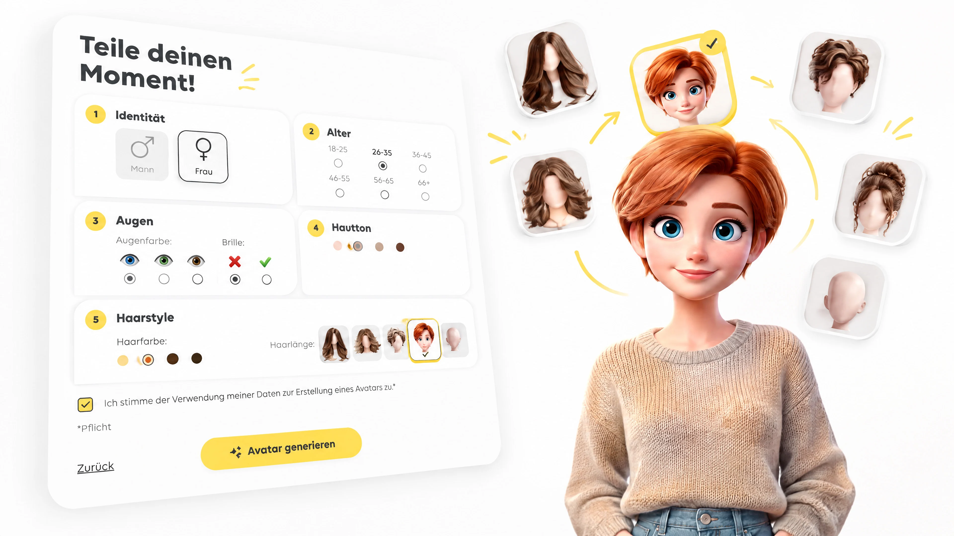 EWE avatar configuration with appearance and hairstyle options.