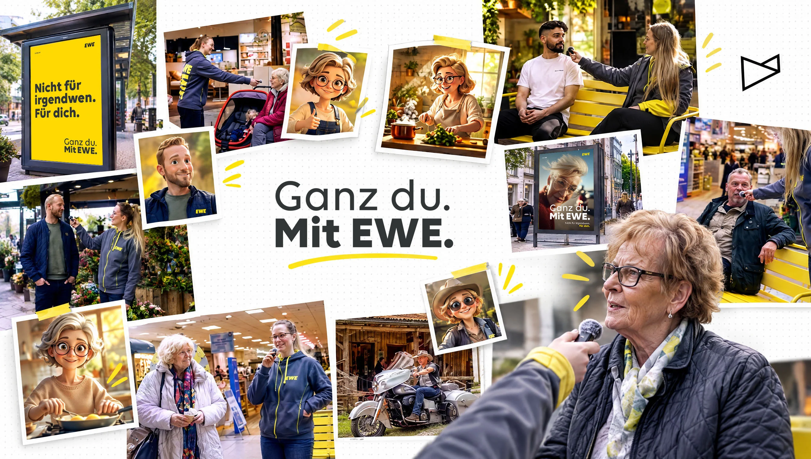 Collage of EWE interviews, personal avatars and Ganz Du brand imagery.