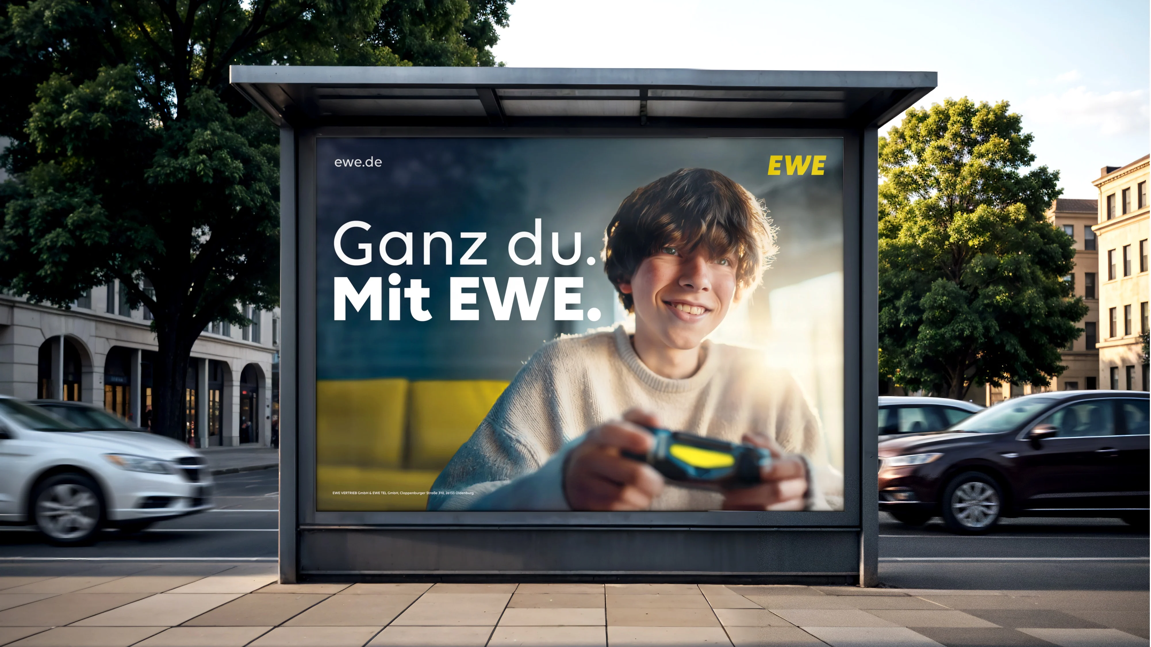 EWE brand creative with a young person holding a games controller.