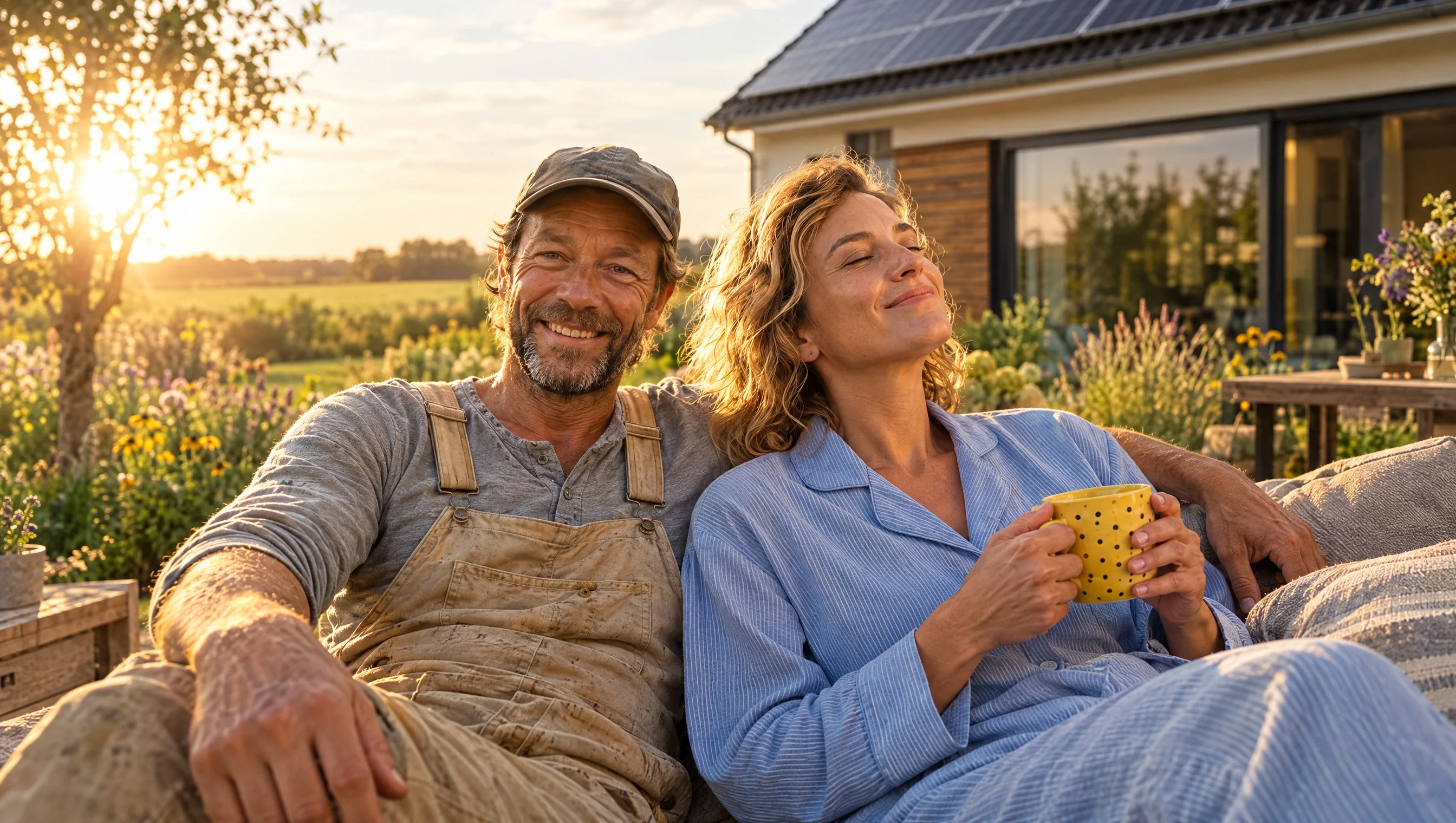 Two people outside a house with solar panels, one holding a yellow mug.