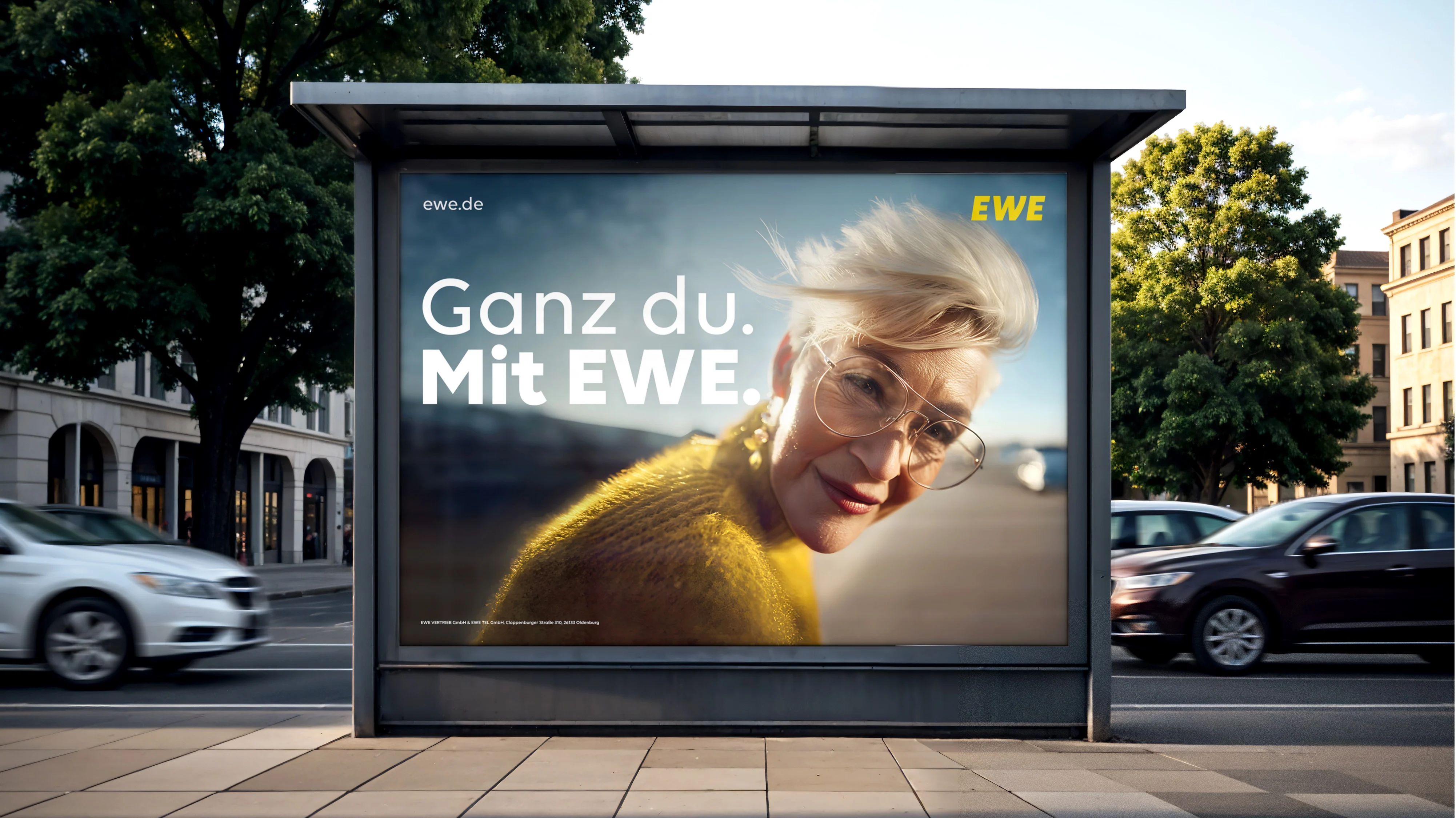 EWE brand creative with a woman in the wind.