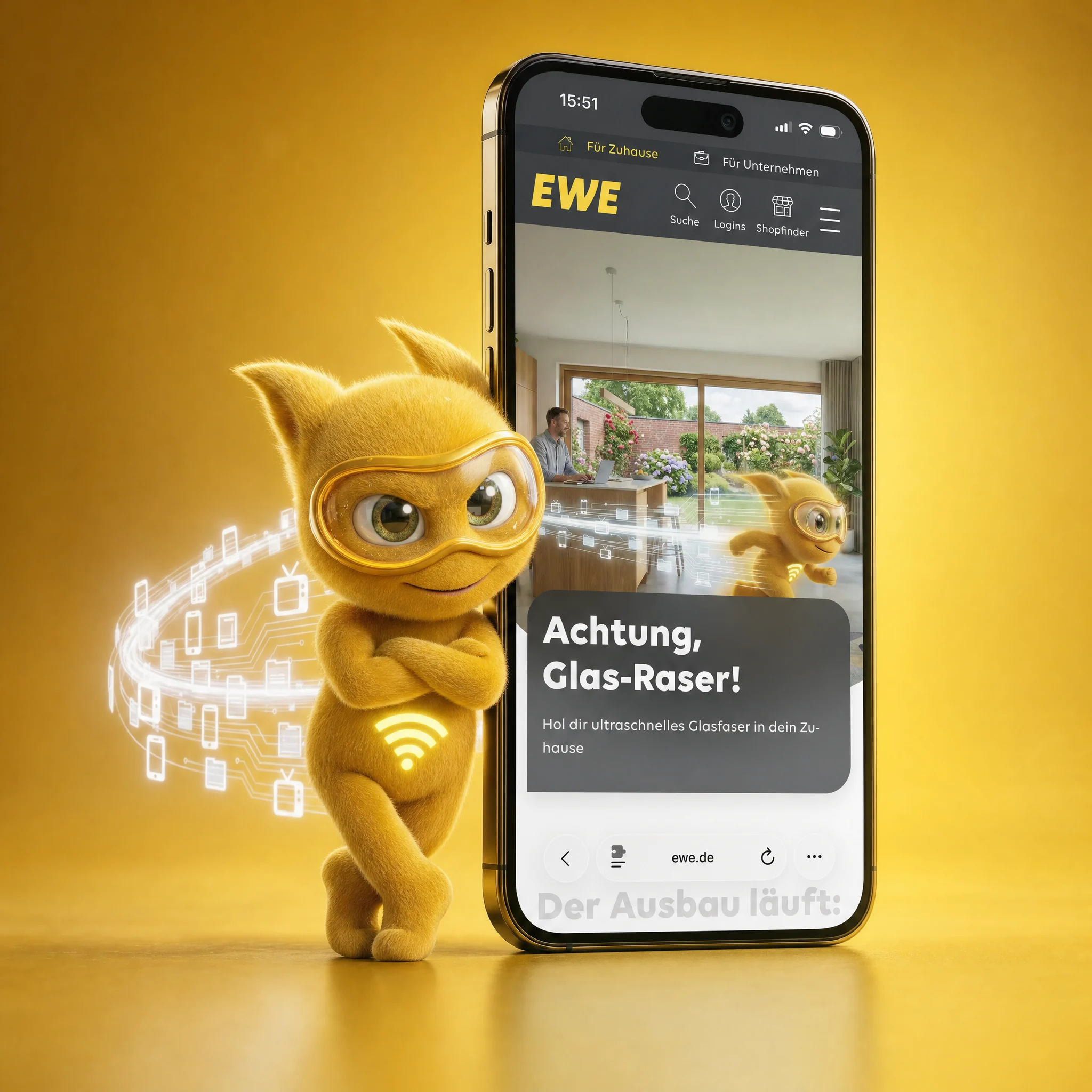 Smartphone-Mockup mit der EWE-Seite „Achtung, Glas-Raser!“ und einer groß dargestellten Figur vor gelbem Hintergrund.