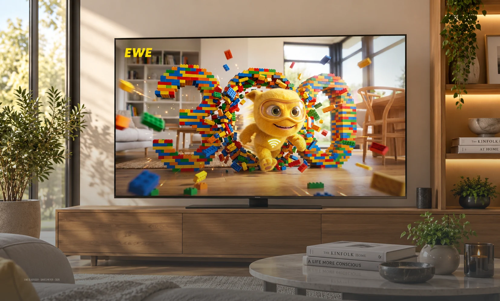 TV-Mockup: Der Glasraser läuft durch eine aus bunten Bausteinen gebaute Zahl 300.