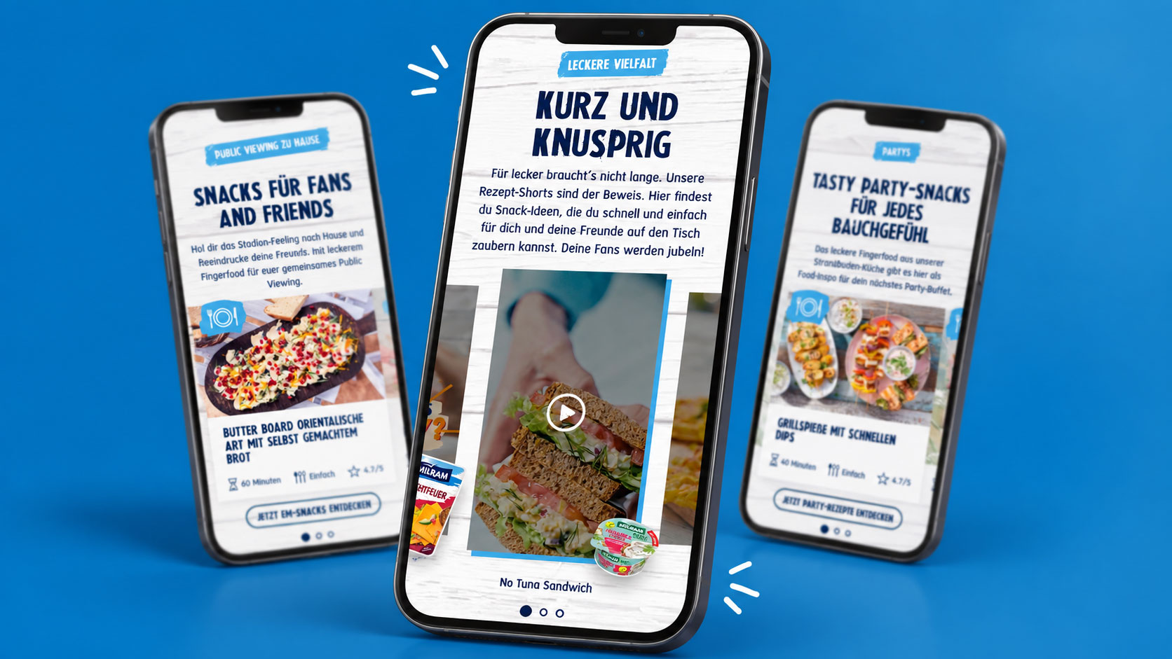 MILRAM-Mockups auf drei Smartphones mit Snack-Ideen für Fans, Freunde und Partys