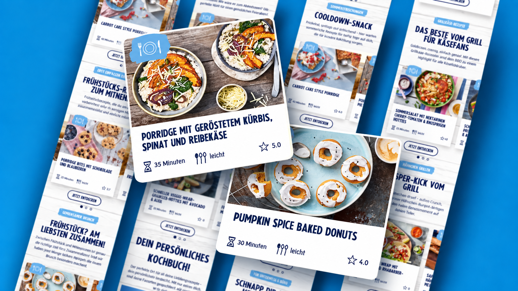 Collage aus MILRAM-Themenmodulen und Rezeptkarten mit Zeitangabe und Schwierigkeitsgrad