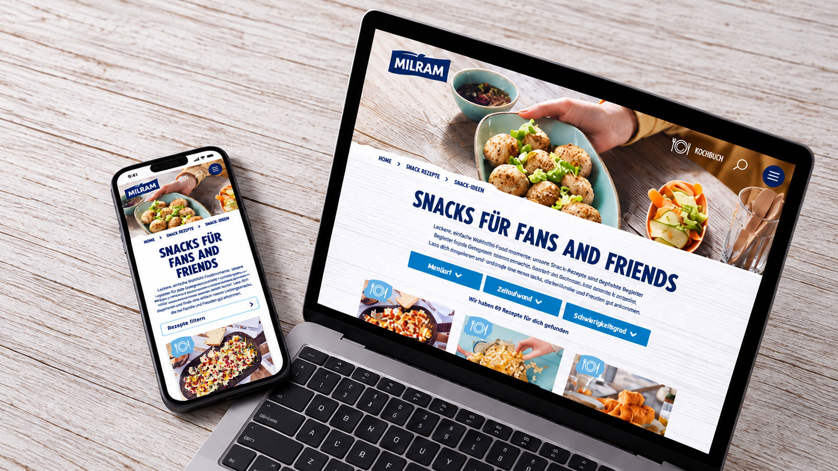 MILRAM-Themenseite „Snacks für Fans and Friends“ auf Laptop und Smartphone