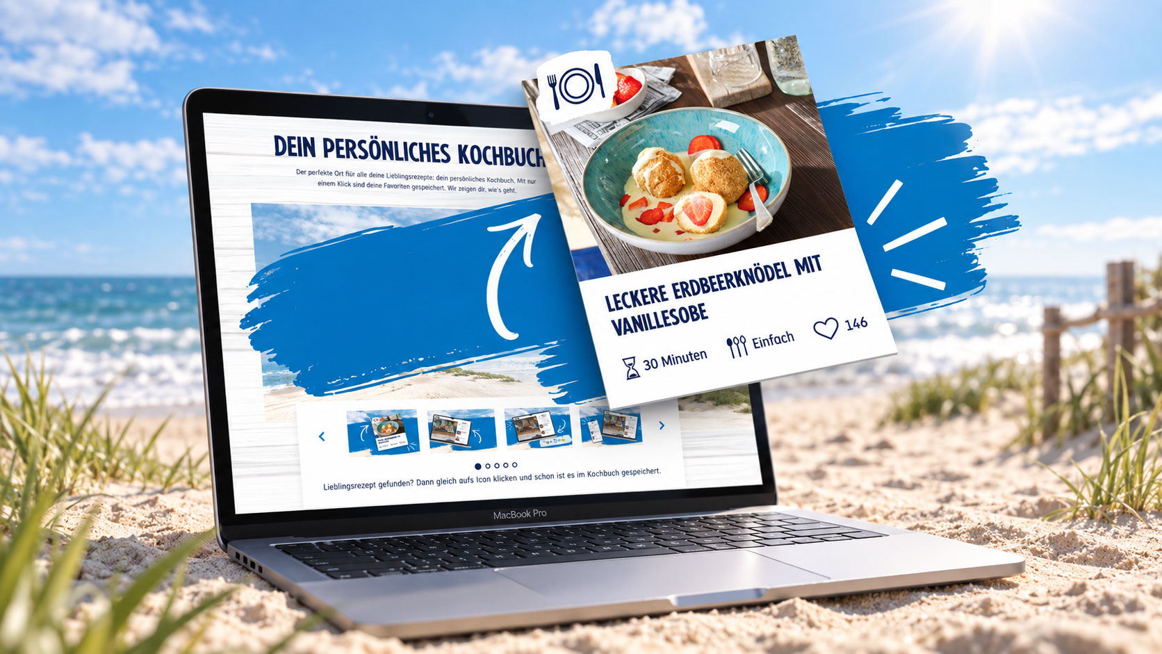 MILRAM-Kochbuchansicht auf einem Laptop mit hervorgehobener Erdbeerknödel-Rezeptkarte