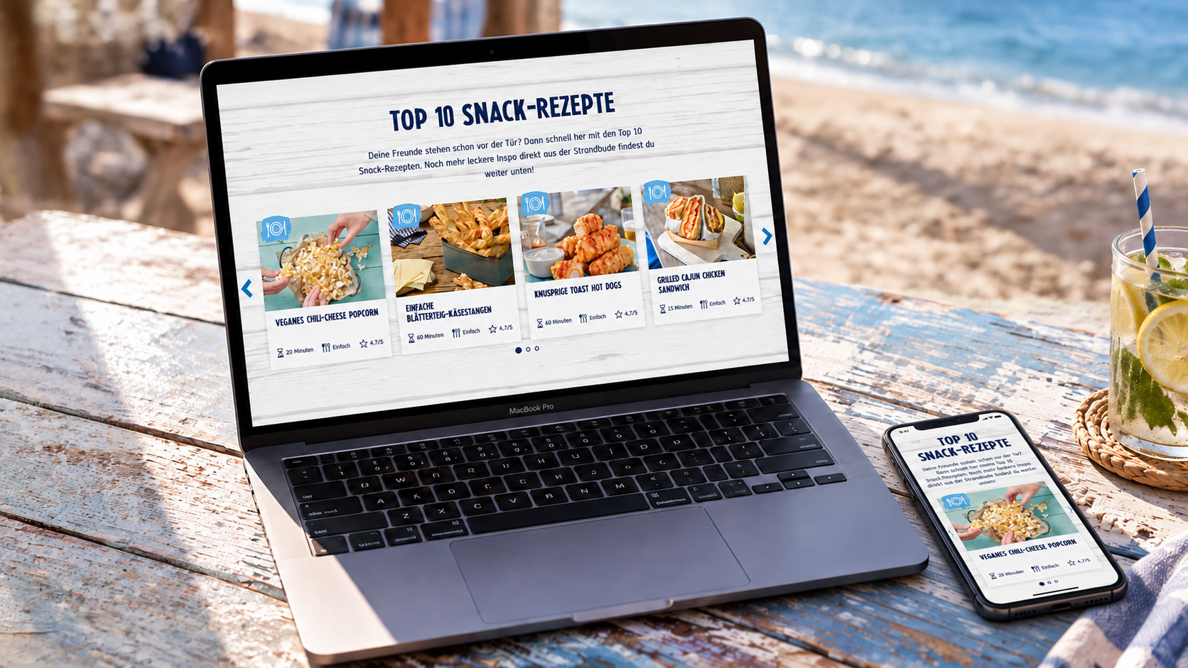 MILRAM-Rezeptauswahl „Top 10 Snack-Rezepte“ auf Laptop und Smartphone