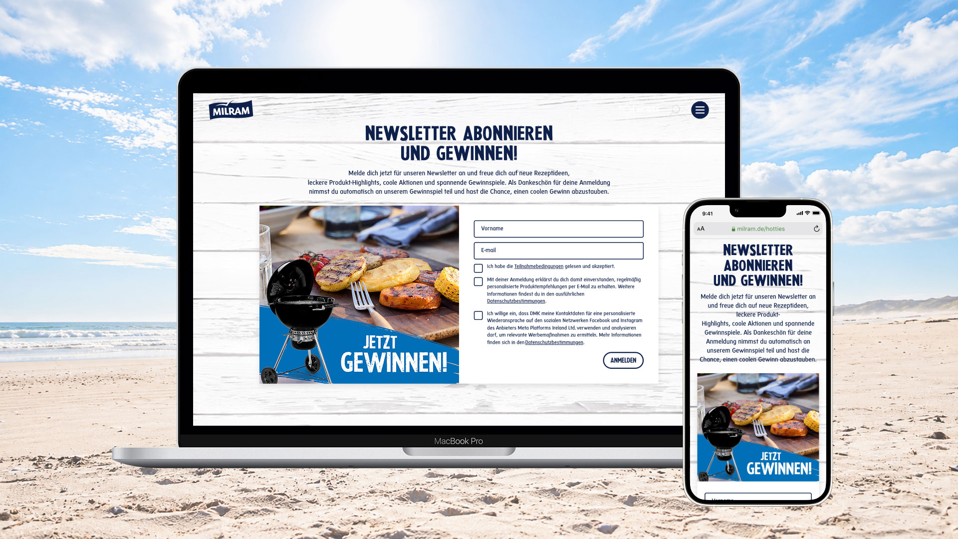 Desktop- und Mobilansicht einer MILRAM-Newsletter-Anmeldung mit Gewinnspiel