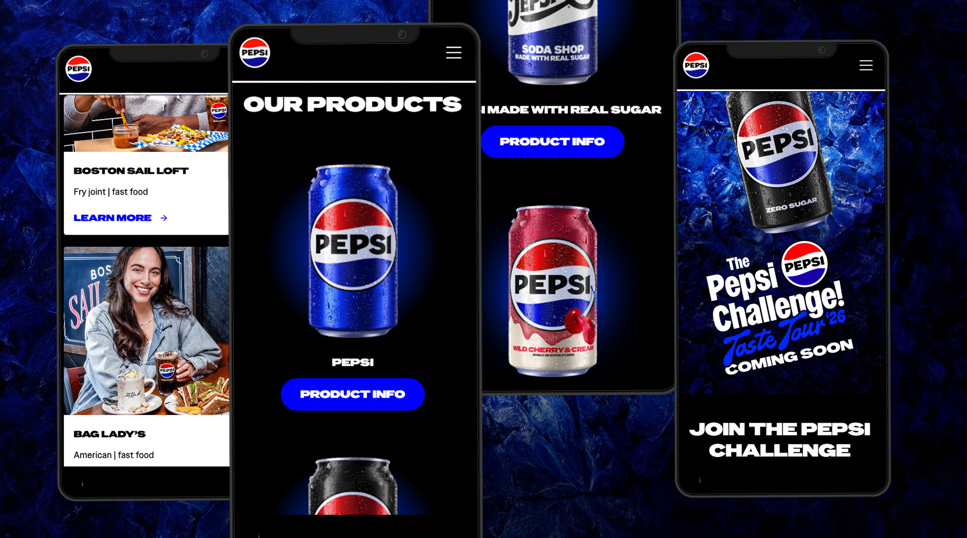 Pepsi-Seitenansichten mit Restaurantkarten, Produkten und Kampagnenmotiv