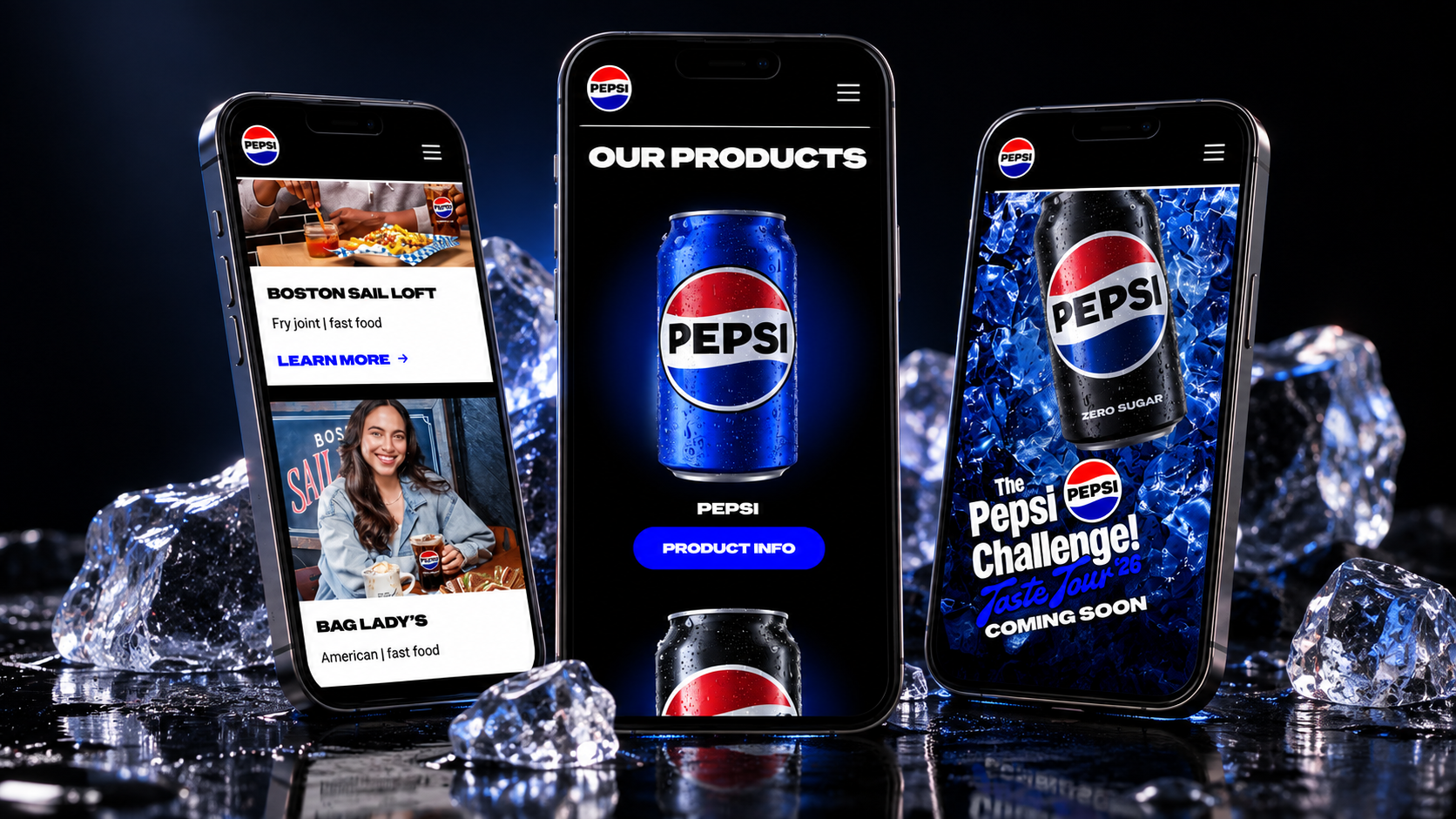 Drei Smartphones mit Pepsi-Produkten, Restaurantinhalten und Pepsi Challenge