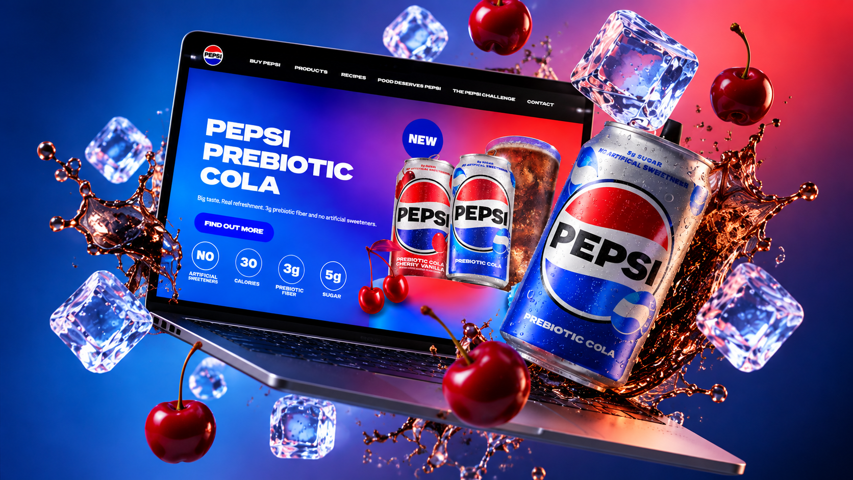 Pepsi-Prebiotic-Cola-Einstieg auf einem Laptop zwischen Dosen, Kirschen und Eis