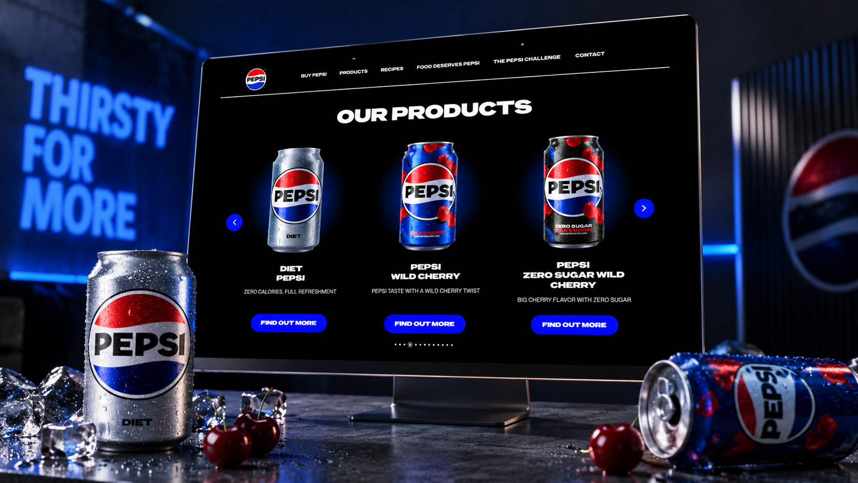 Desktop-Produktübersicht mit Diet Pepsi und zwei Wild-Cherry-Sorten