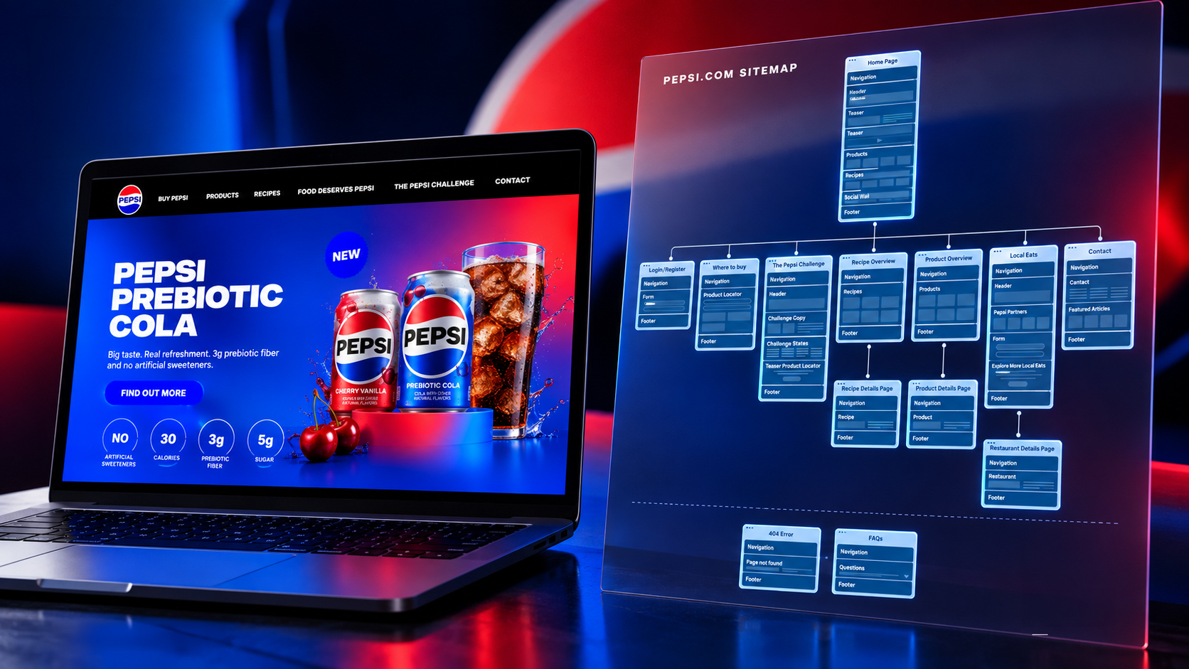 Pepsi-Website neben einer Sitemap mit Produkten, Rezepten und weiteren Inhaltsbereichen
