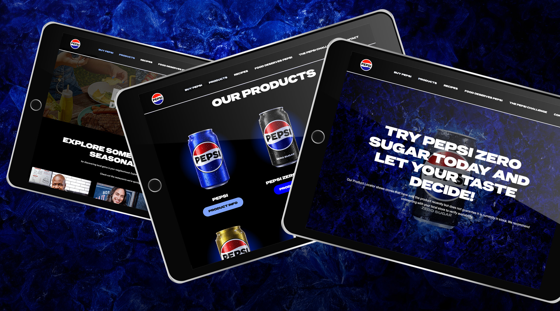 Drei Tablets mit Produktübersicht, Restaurantinhalten und Pepsi Zero Sugar