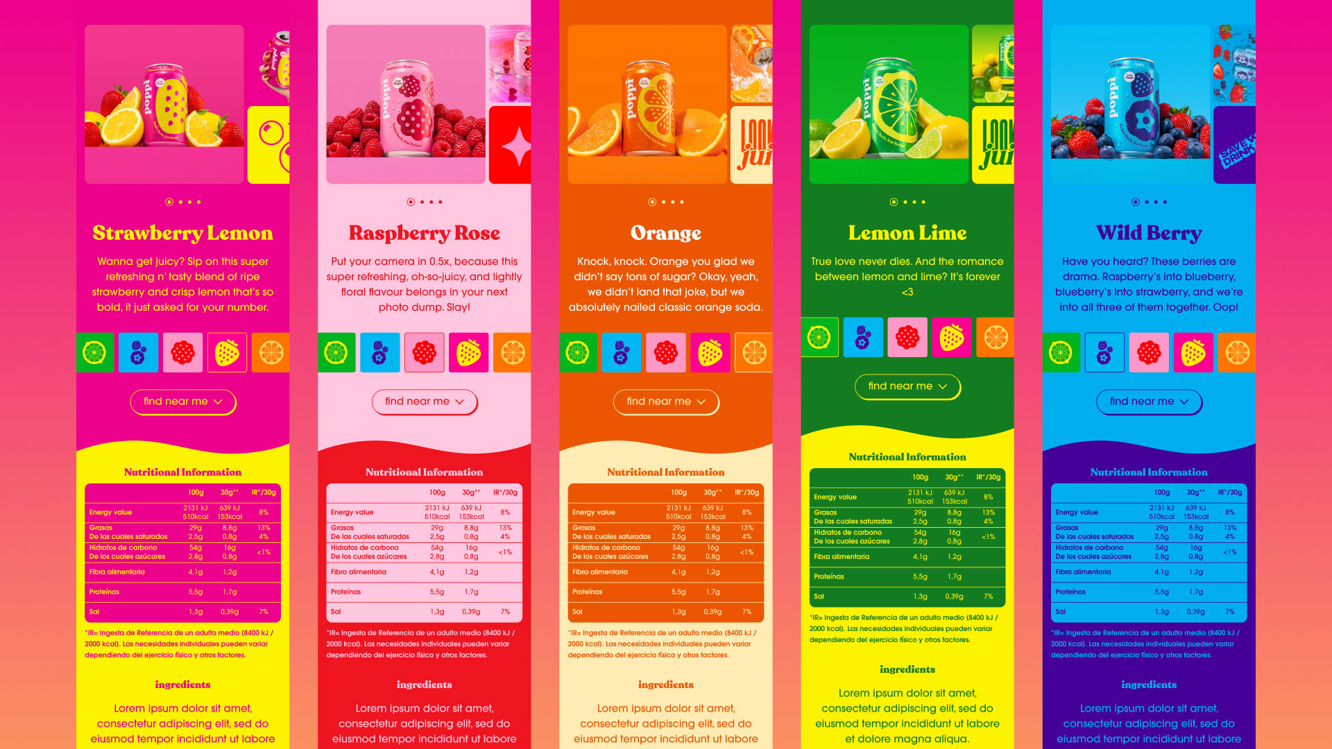 Fünf poppi Produktseiten für Strawberry Lemon, Raspberry Rose, Orange, Lemon Lime und Wild Berry