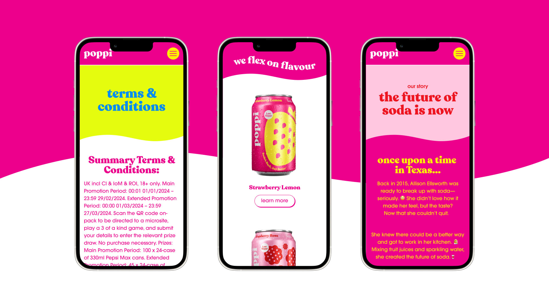 Drei Smartphone-Ansichten der poppi Website