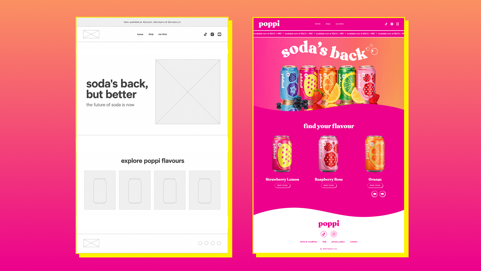 Seitenstruktur als Wireframe neben dem farbig ausgearbeiteten poppi Design