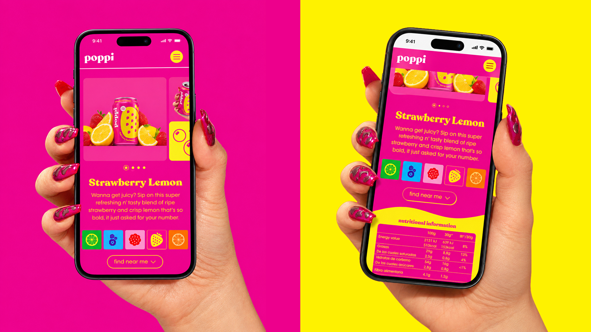 Zwei Smartphones mit poppi Produktseiten in Pink und Gelb