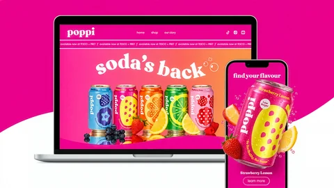 poppi UK Website auf Laptop und Smartphone, umgeben von einer Getränkedose und Früchten