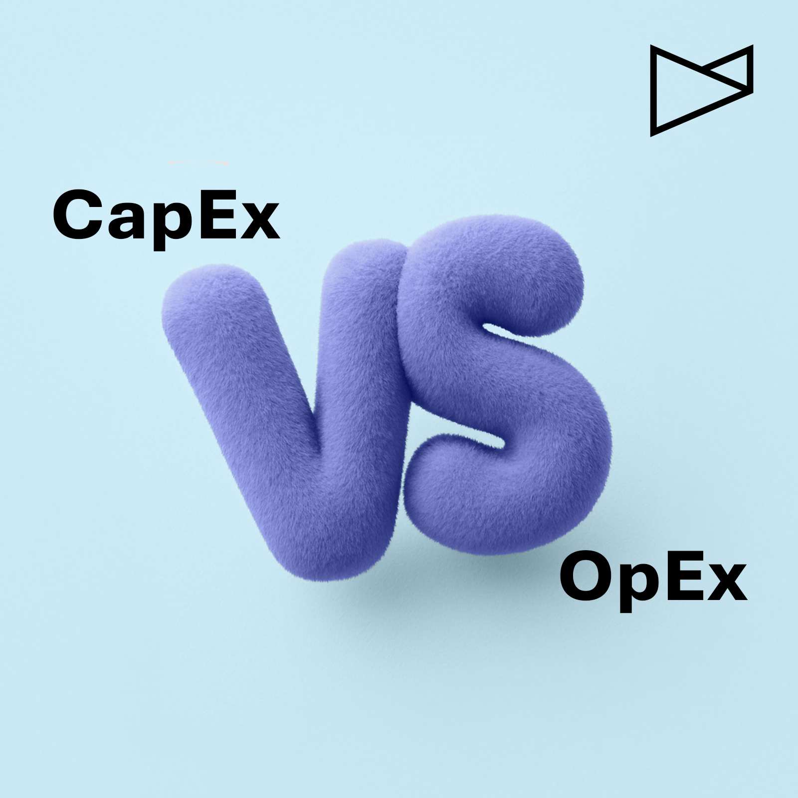 3D fluffy purple letters forming 'VS' with the words CapEx and OpEx, symbolizing the comparison of capital expenditure and operational expenditure.