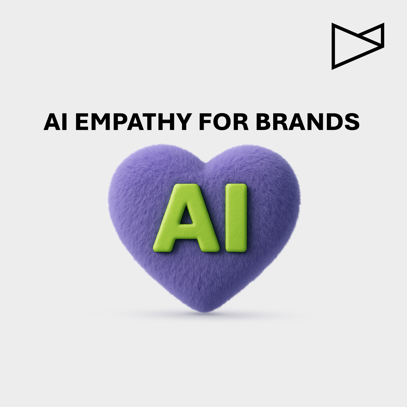 Illustration eines flauschigen violetten Herzens mit dem grünen Schriftzug „AI“ in der Mitte. Darüber steht der Text „AI Empathy for Brands“ auf weißem Hintergrund.