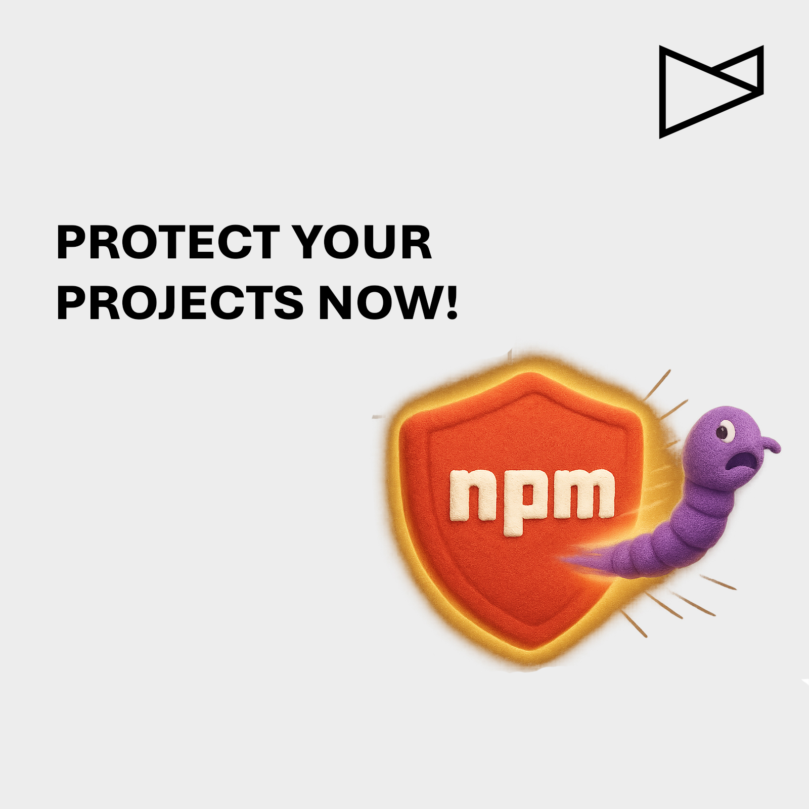 Protection shield for npm projects with a purple worm attacking the npm logo. Warning about the Shai-Hulud worm attack. Protect your npm projects now from the supply-chain attack.