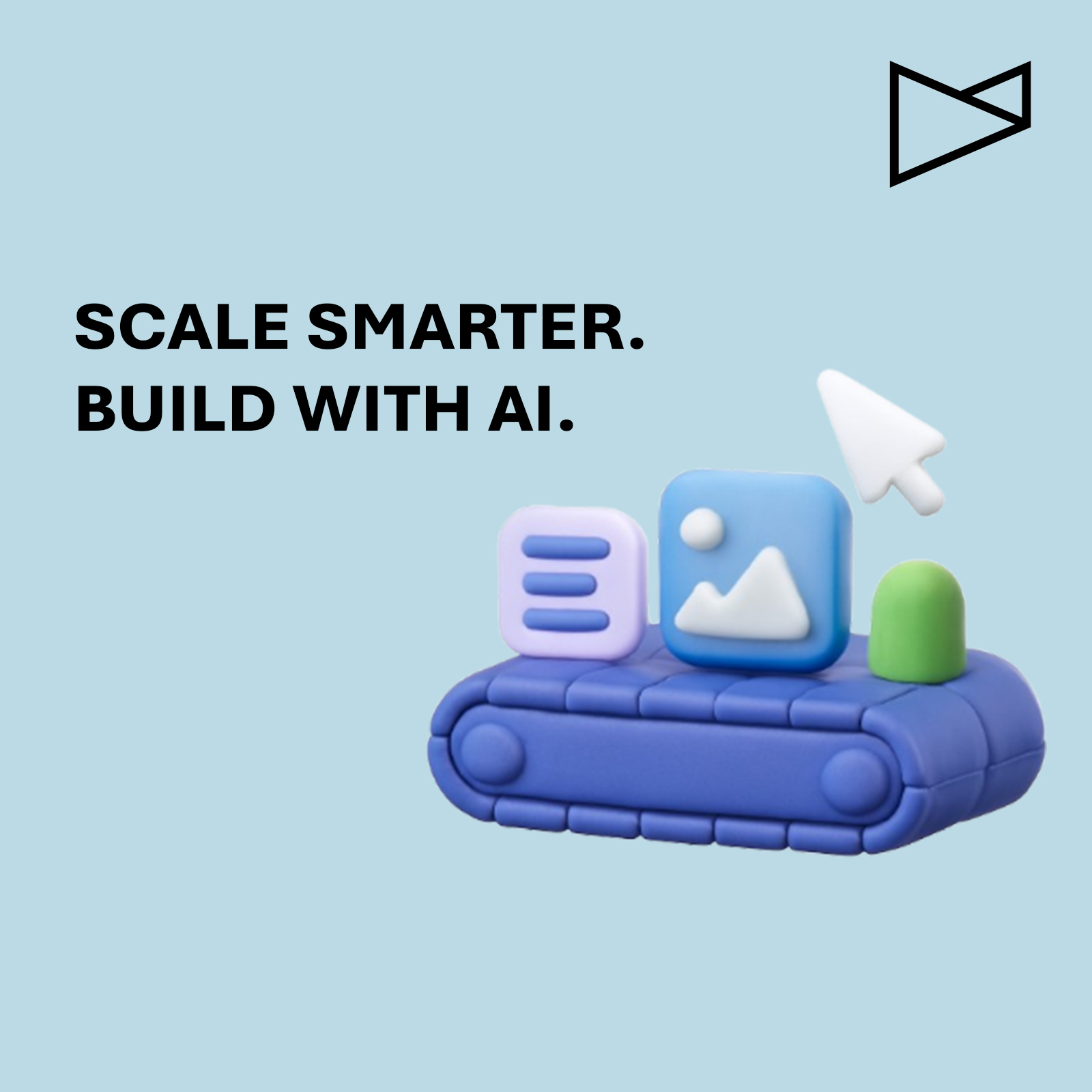 3D illustration of an AI content engine with icons for text, image, and cursor, symbolizing smarter scaling with AI.