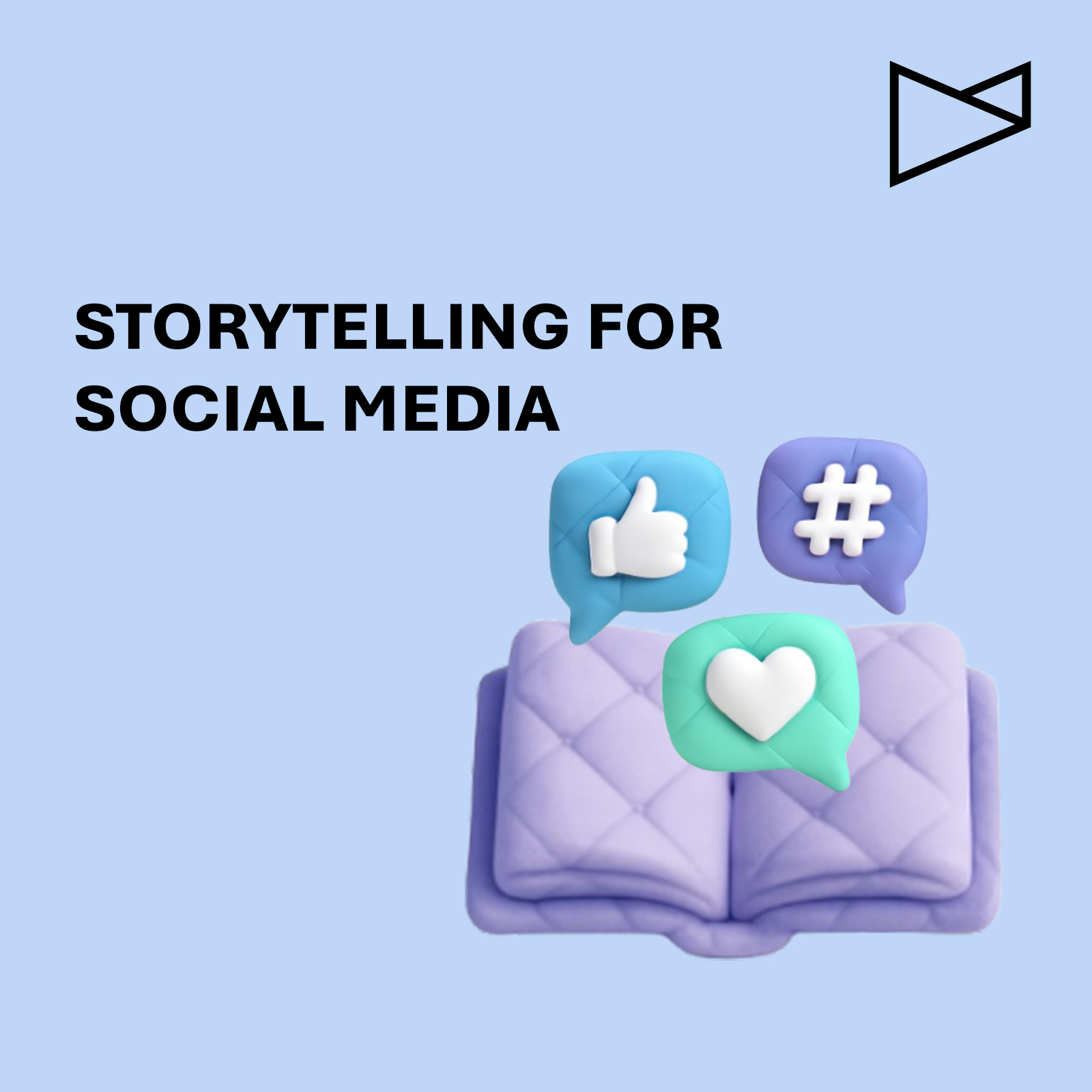 Illustration mit drei pinken Sprechblasen auf blauem Hintergrund, die zentrale Fragen zu Storytelling im Marketing stellen, darunter der Text „Storytelling, das wirkt“ in Großbuchstaben.