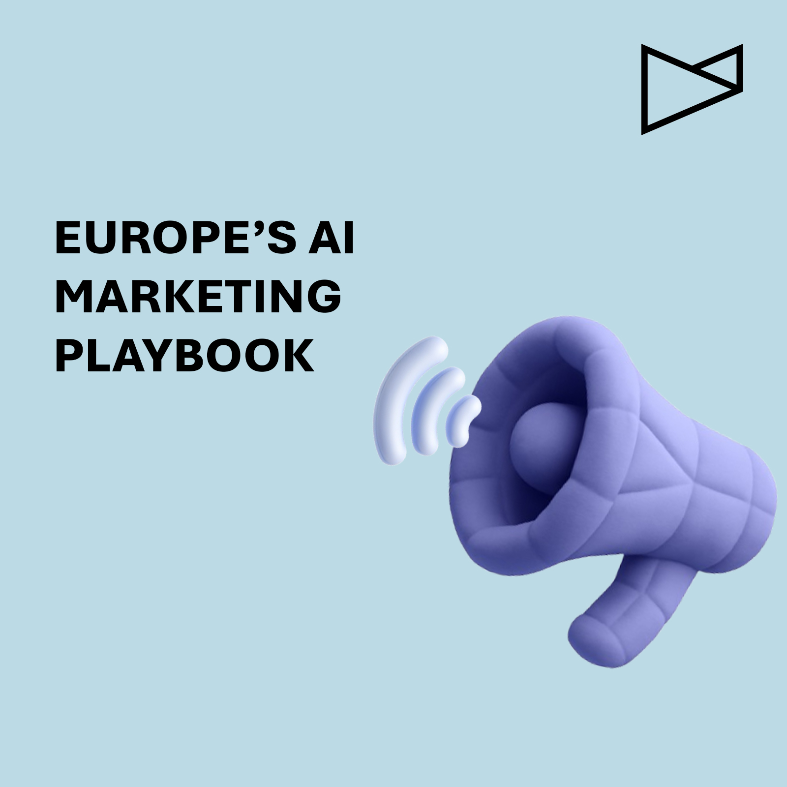 A 3D illustration of a purple megaphone emitting sound waves, with the text 'Europe’s AI Marketing Playbook' on a light blue background.