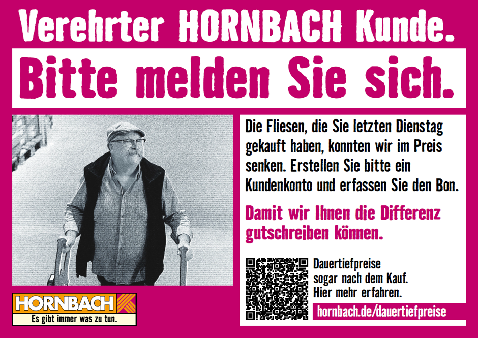 Werbeplakat von Hornbach im Stil einer Vermisstenanzeige